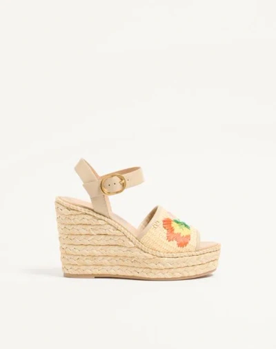 Valentino Garavani Bribri Raffia Wedge Sandal With Floral Embroidery 115mm Woman Beige 37 In Nude