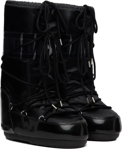 Moon Boot Black Icon Glance Satin Boots In Black