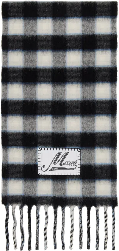 Marni Black & White Double Check Logo Wool Mohair Scarf