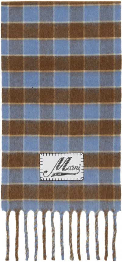 Marni Blue & Brown Double Check Logo Wool Mohair Scarf