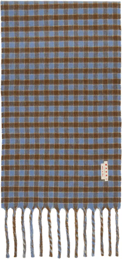 Marni Blue & Brown Double Check Logo Wool Mohair Scarf