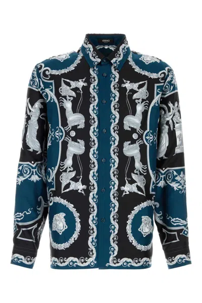 Versace Silk Shirt With Printed Design And Button-down Collar In Multi