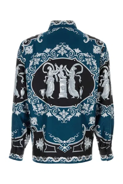 Versace Silk Shirt With Printed Design And Button-down Collar In Multi