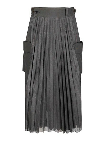 Sacai Glen-check Midi Skirt With Pleated Design And Belted Waist In Gray