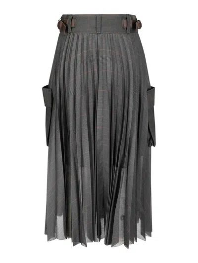 Sacai Glen-check Midi Skirt With Pleated Design And Belted Waist In Gray