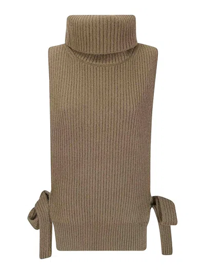 Uma Wang Open-front Sweater With High Collar And Side Laces In Brown