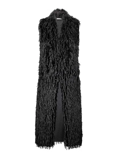 Stefano Mortari Long Sleeveless Coat With Black Fringes And Relaxed Fit In Black