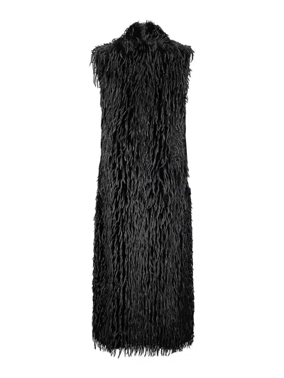 Stefano Mortari Long Sleeveless Coat With Black Fringes And Relaxed Fit In Black