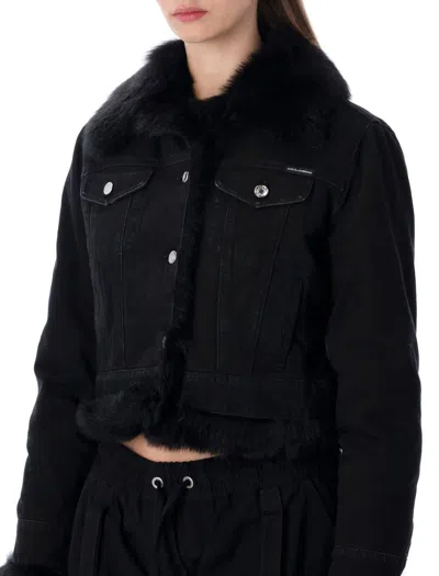 Dolce & Gabbana Short Black Denim Jacket With Faux Fur In Black
