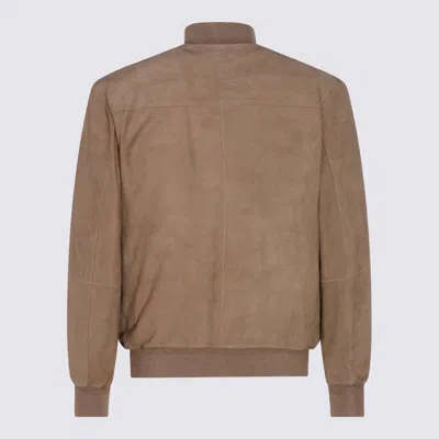 Canali Zip-up Suede Jacket In Brown
