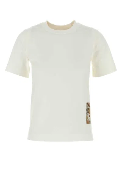 Burberry Women White T-shirt With Logo Patch With Check Motif On The Front In Cotton Woman In Neutral
