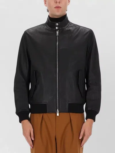 Hugo Boss High Collar Jacket With Ribbed Cuffs And Hem In Black