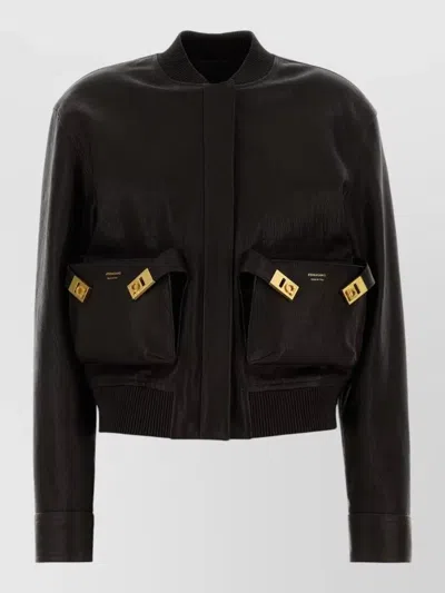 Ferragamo Leather Bomber Jacket With Ribbed Cuffs And Pockets In Brown