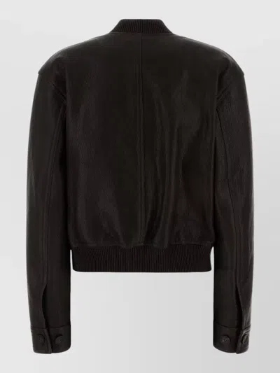 Ferragamo Leather Bomber Jacket With Ribbed Cuffs And Pockets In Brown
