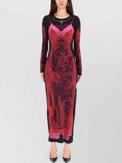 Marine Serre Maxi Dress With Lace And Long Sleeves In Multi