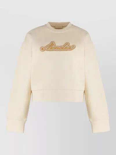 Moncler Cotton Cropped Sweatshirt Crew Neck In Neutral