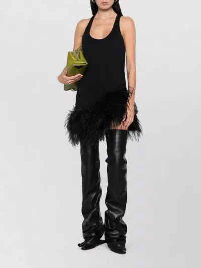 Attico Feather Trim Racerback Mini Dress In Black