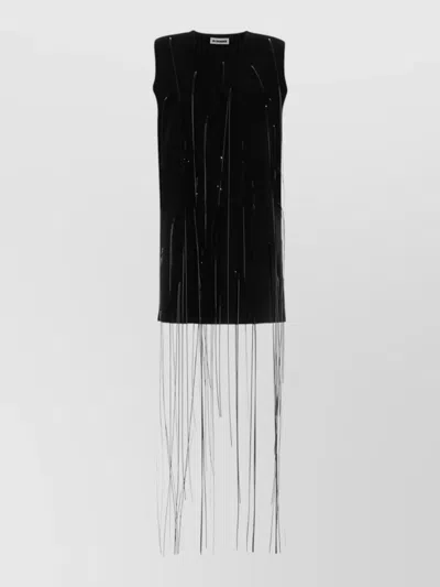 Jil Sander Mini Dress With Fringe And Round Neckline In Black