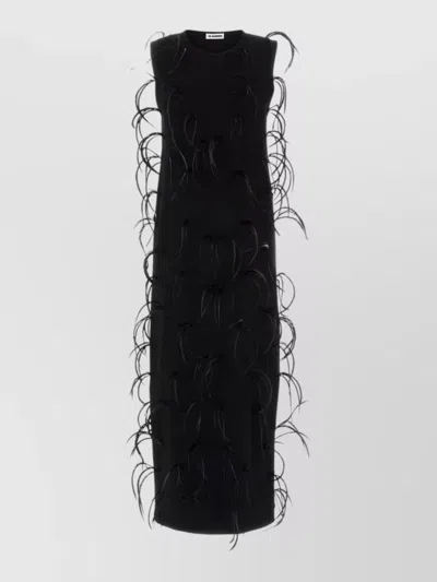 Jil Sander Sleeveless Midi Dress Featuring Feather Embellishments In Black