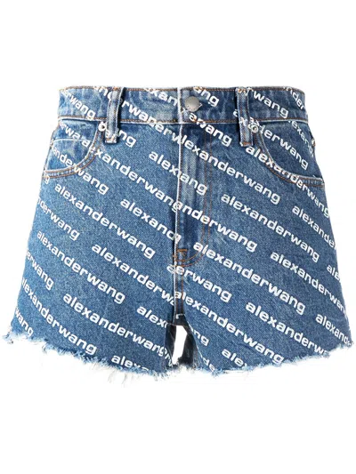 Alexander Wang All-over Logo Printed Denim Shorts In Blue