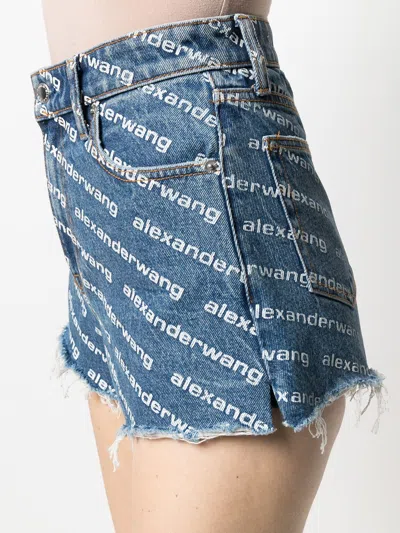 Alexander Wang All-over Logo Printed Denim Shorts In Blue