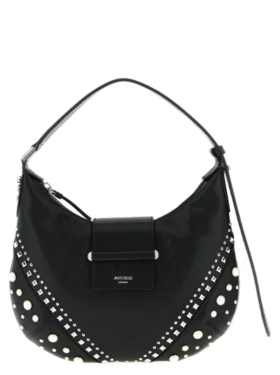 Jimmy Choo Small Bar Hobo Pearl-embellished Leather Shoulder Bag In Black