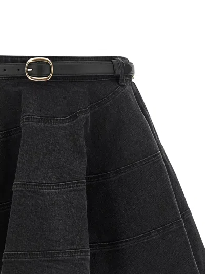 Self-portrait Black Flared Denim Mini Skirts Black In Black