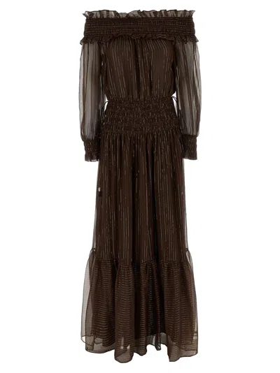 Self-portrait Brown Georgette Off Shoulder Maxi Dresses Brown In Brown