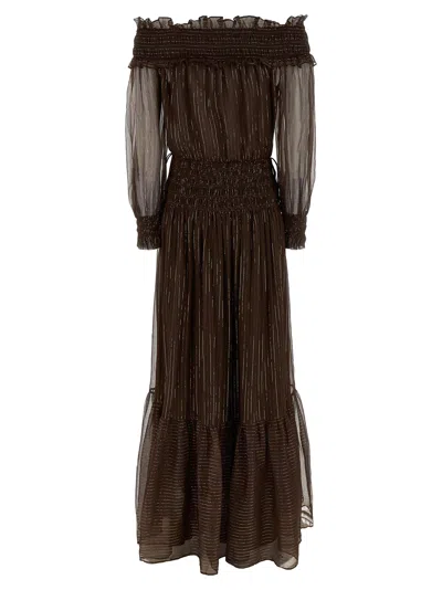 Self-portrait Brown Georgette Off Shoulder Maxi Dresses Brown In Brown