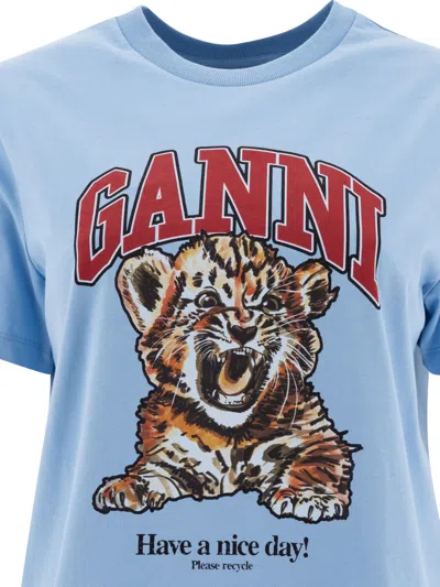 Ganni Cotton T-shirt With Print T-shirts Light Blue In Blue