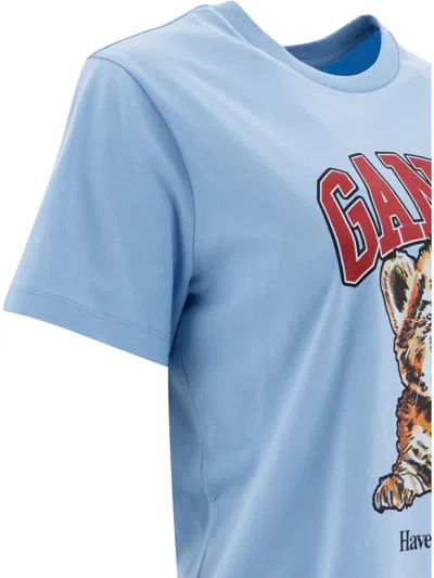 Ganni Cotton T-shirt With Print T-shirts Light Blue In Blue