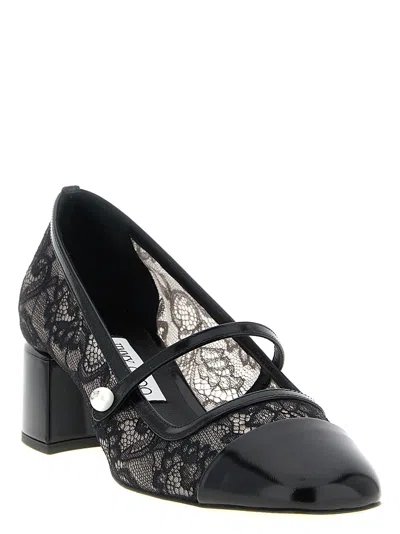 Jimmy Choo Elisa Pumps Block Heel Lace Overlay Pearls In Black