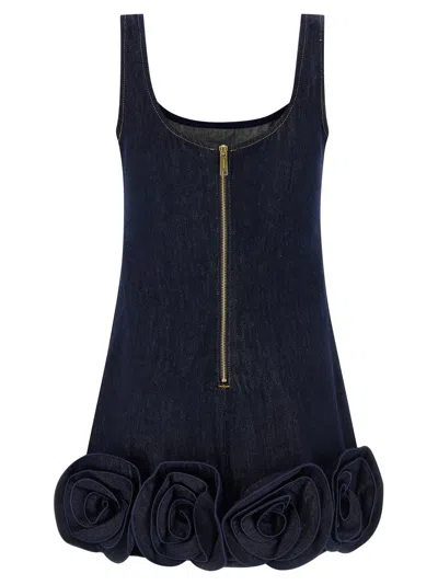 Self-portrait Indigo Denim 3d Flower Mini Dresses Blue In Blue