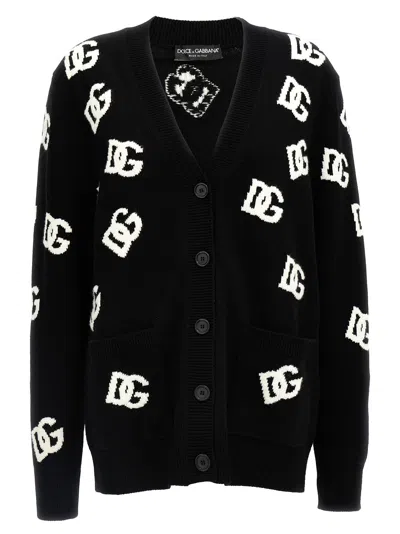 Dolce & Gabbana Jacquard Logo Cardigan Sweaters And Cardigans White/black In Black