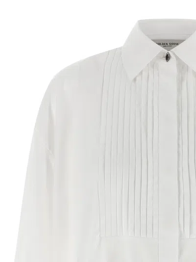 Golden Goose Oversized White Cotton Shirt With Pleated Bib And Jewel Buttons In White
