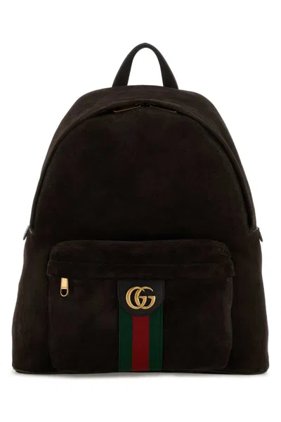 Gucci Men Dark Brown Suede Medium Ophidia Backpack In Brown