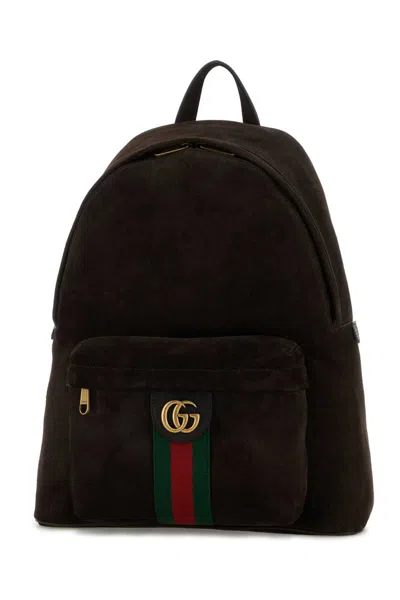 Gucci Men Dark Brown Suede Medium Ophidia Backpack In Brown