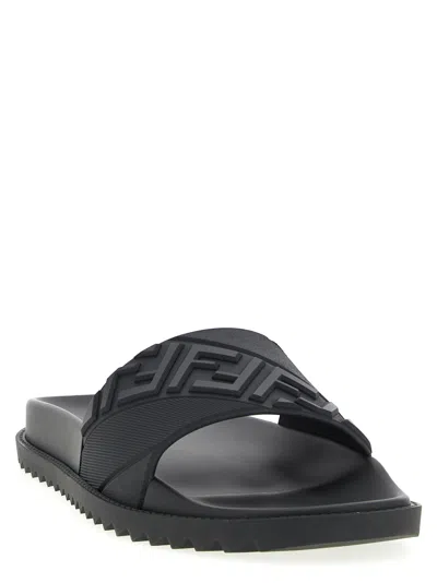 Fendi Rubber Slides With High Strap And Embossed Ff Motif Shoes In Black