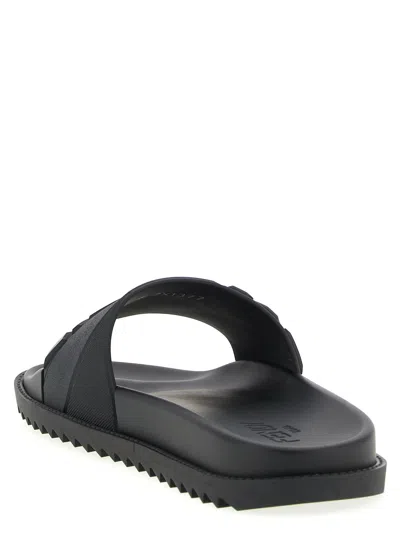 Fendi Rubber Slides With High Strap And Embossed Ff Motif Shoes In Black