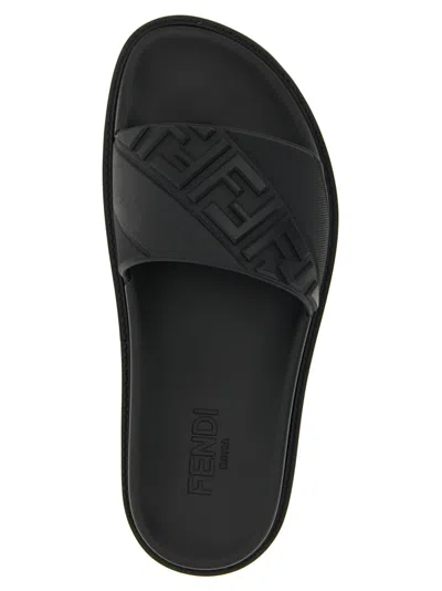 Fendi Rubber Slides With High Strap And Embossed Ff Motif Shoes In Black