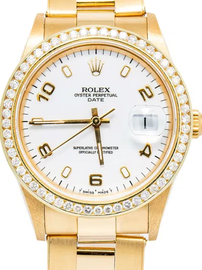Pre-owned Rolex 18k Yellow Gold Date Oyster Perpetual 34mm In White