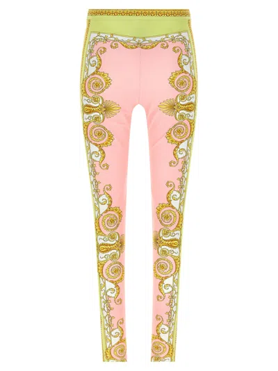 Versace Barocco Stretch Leggings Slim Cut Waistband In Pink