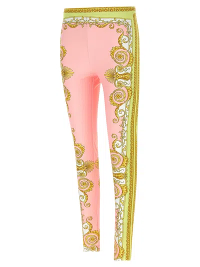 Versace Barocco Stretch Leggings Slim Cut Waistband In Pink
