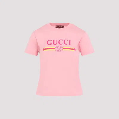 Gucci Women Pink Crewneck T-shirt With Logo Print On The Front In Cotton Woman