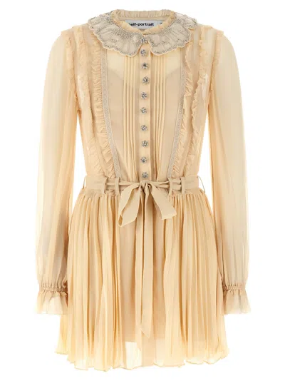 Self-portrait Tan Pleated Georgette Mini Dresses Yellow In Neutral