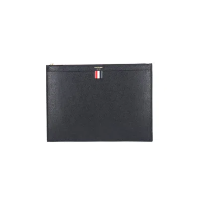 Thom Browne Rectangular Pouch In Hammered Black Leather In Black