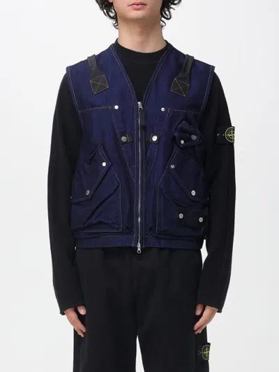 Stone Island Indigo Blue Zip Vest In Cotton Blend