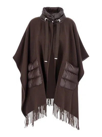 Herno Women Brown Cape With Drawstring Collar And Fringed Hem In Tech Fabric Woman In Brown