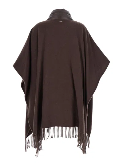 Herno Women Brown Cape With Drawstring Collar And Fringed Hem In Tech Fabric Woman In Brown