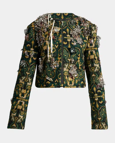 Dries Van Noten Baftanos Embellished Jacquard Top Coat In Green